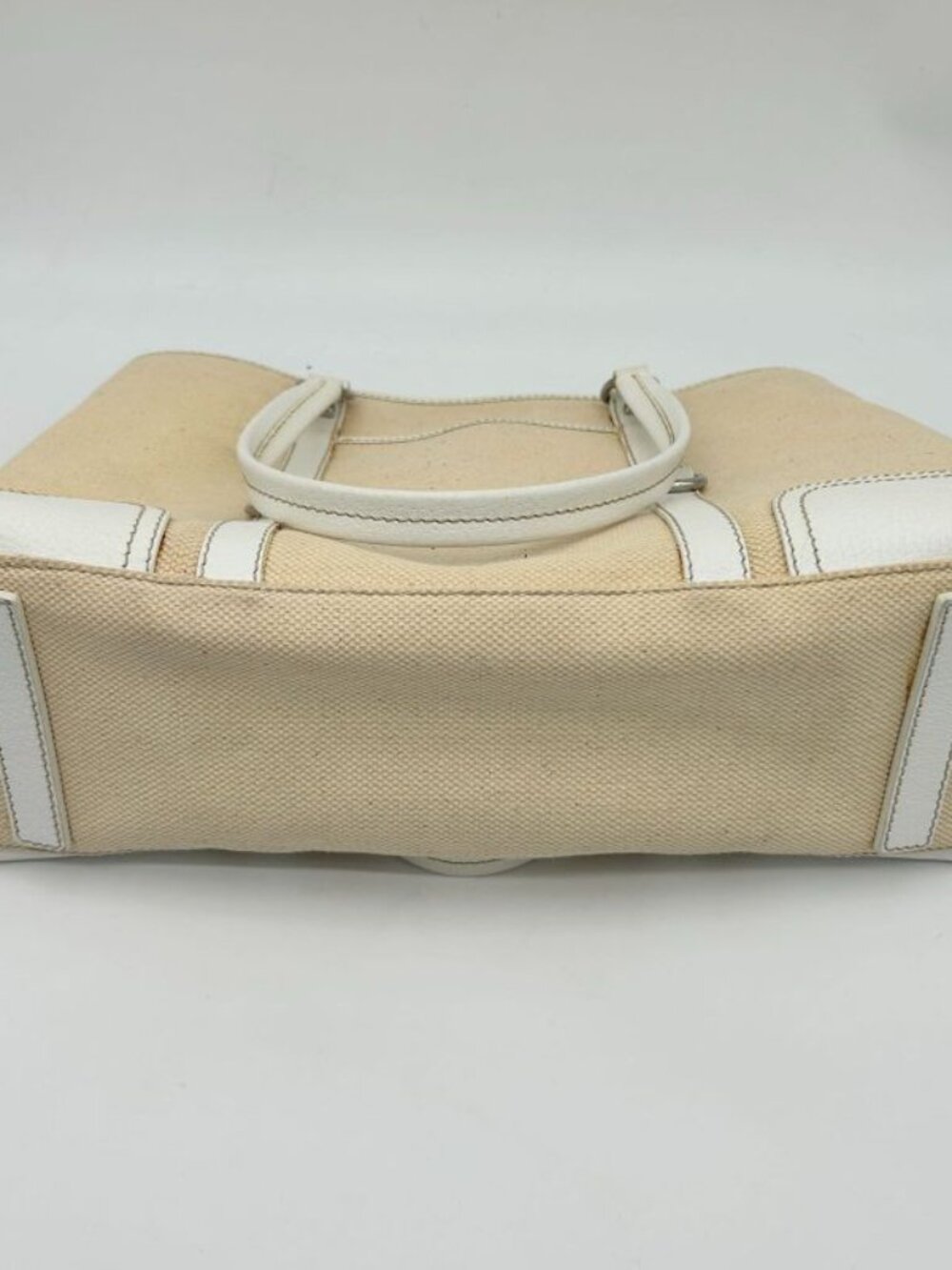 Prada Tote Shoulder Triangle Plate Logo Canvas Leather Beige - Picture 9 of 16
